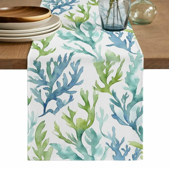 Blue Green Coral Table Runner, Aqua Abstract Coastal Sea Tropical Washable Cotton Linen Table Runners 72 Inches Long, Dresser Scarf Runner for Dining/Coffee/Kitchen/TV Stands/Cabinets 13''x72''