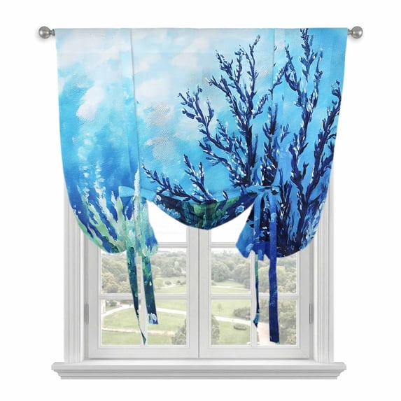 Picture Idea: Blue Green Coral Tie Up Curtains For Windows Adjustable Rod