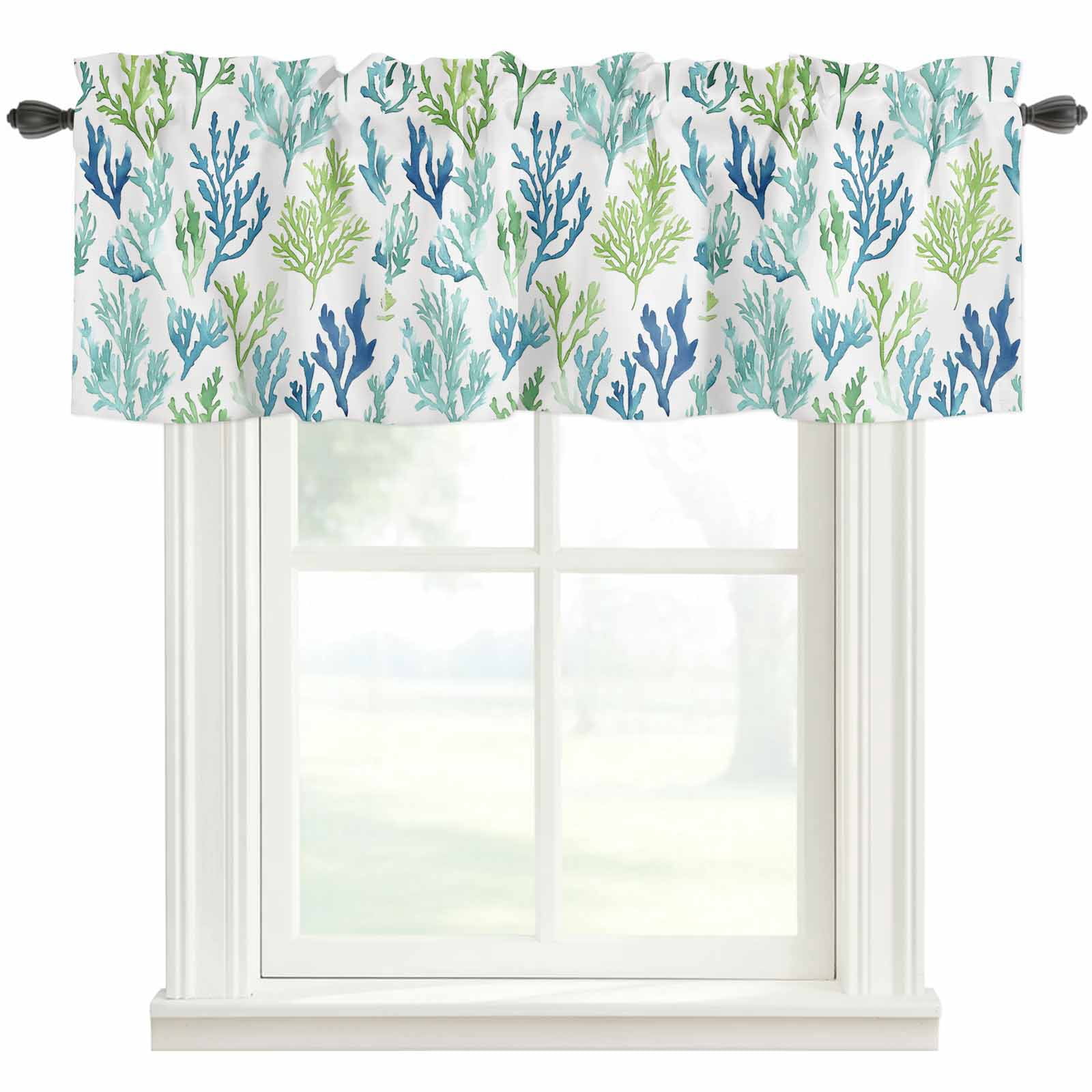 Blue Green Coral Window Valance Curtain Marine Plant Rod Pocket Short ...