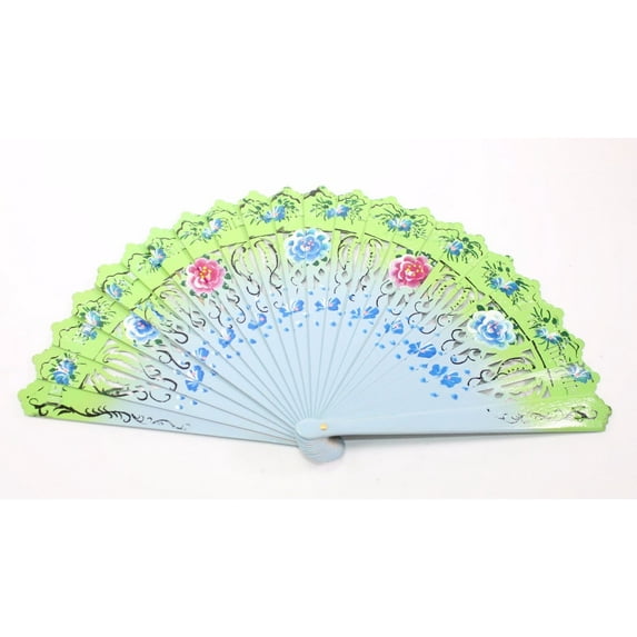 Blue Green Double Sided Wooden Spanish Floral Print Hand Folding Fan Party Gift EHD