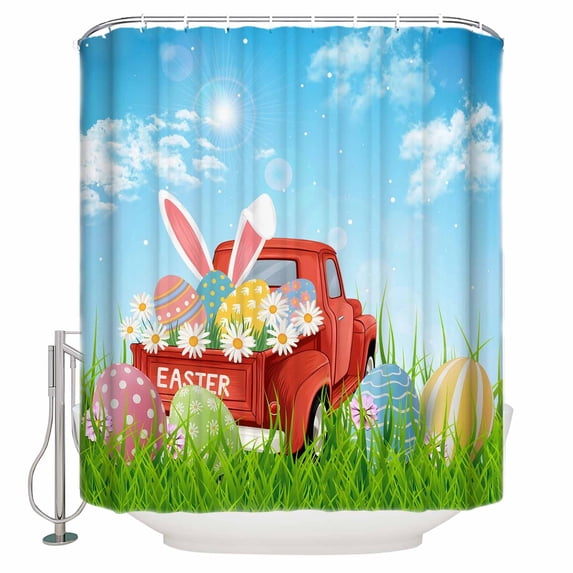 Blue Green Easter Bathroom Shower Curtains with 12 Hooks Polyester Waterproof Shower Curtain for Stalls and Bathtubs Spring Watercolor Eggs Bunny Red Truck Decorative Bathroom Curtain 60x72 Inches
