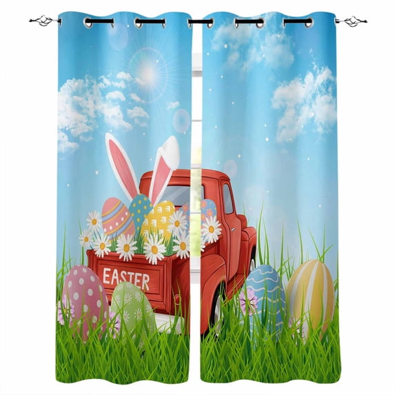 Blue Green Easter Black Out Curtains 54 Inch Long, Short Curtains for Small Window, Spring Watercolor Eggs Bunny Red Truck Room Darkening Window Curtains for Kitchen Bedroom 42"x54" 2 Panels