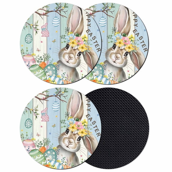 Blue Green Easter Bunny Coasters Set of 4, Absorbent Coasters for Drinks, Spring Easter Eggs Floral Wooden Coaster for Desk Coffee Table Protection, Home Decor House Warming Gifts 4"