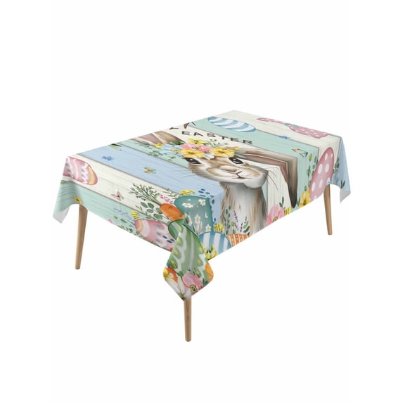 Blue Green Easter Bunny Rectangle Tablecloth, Spring Easter Eggs Floral Wooden Waterproof & StainResistant Tablecloth, Washable Oil-proof Table Cover for Dining/Party/Wedding/Camping/Buffet 54x108 In