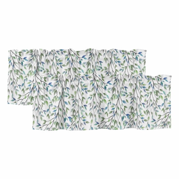 Blue Green Eucalyptus Curtain Valances for Windows, Kitchen Valance Window Treatments Panel 2 Pack, Spring Botanical Leaves Weeping Rod Pocket Short Curtains for Bathroom Bedroom 42 x 12 Inch