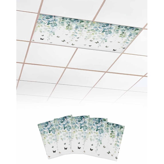 Blue Green Eucalyptus Fluorescent Light Covers for Ceiling Lights 4x2 feet,4 Pack Magnetic Light Filters for Classroom,Sage Gradient Leaves Butterfly Fluorescent Light Shade Panel for Office School