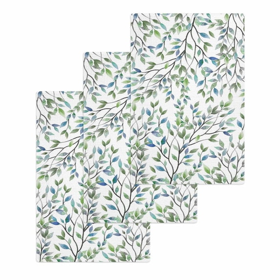 Blue Green Eucalyptus Kitchen Dish Towels for Drying Dishes Set of 3, Spring Botanical Leaves Weeping Waffle Weave Microfiber Hand Tea Bathroom Towels Quick Dry & Absorbent Towel 15.7x23.6