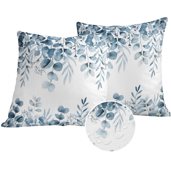 Blue Green Eucalyptus Leaves Outdoor Pillow Covers 20x20 Set of 2,Waterproof Patio Throw Pillowcase Protectors,Spring Summer Botanical Decorative Pillow Shams Cushion Covers for Seat Bed Couch Sofa