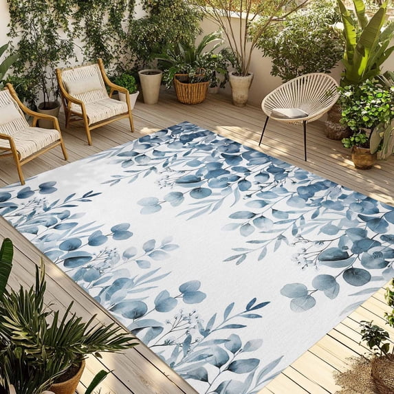 Blue Green Eucalyptus Leaves Outdoor Rug for Patio/Deck/Porch, Non-Slip Large Area Rug 4 x 6 Ft, Spring Summer Botanical Indoor Outdoor Rugs Washable Area Rugs, Reversible Camping Rug Carpet Runner