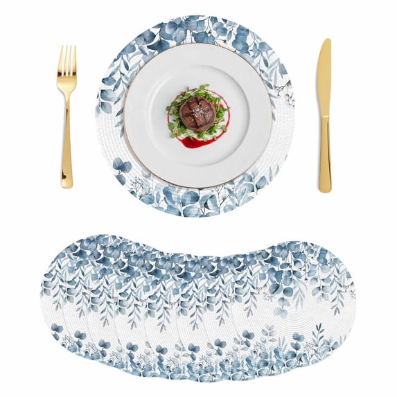 Blue Green Eucalyptus Leaves Round 15 Inch Placemats Set of 8, Spring Summer Botanical HeatResistant Non Slip Place Mats for Dining Table, Wipeable Braided Kitchen Table Mats for Housewarming