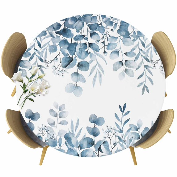 Blue Green Eucalyptus Leaves Round Tablecloth, Fitted Table Cover with Elastic for 36"-44" Round Tables, Spring Summer Botanical Table Cloth Outdoor Indoor Dinning Party Waterproof Tablecloths