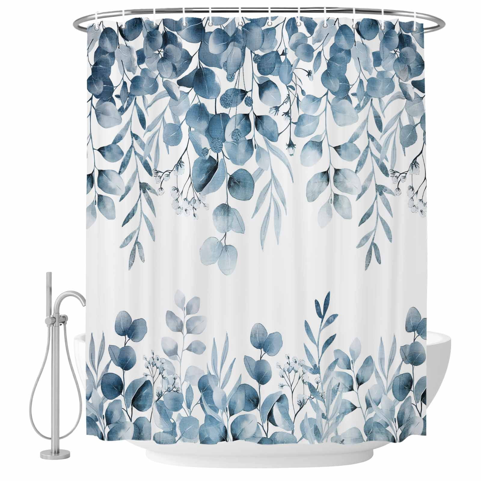 Blue Green Eucalyptus Leaves Shower Curtain Set - Long 72" x 84
