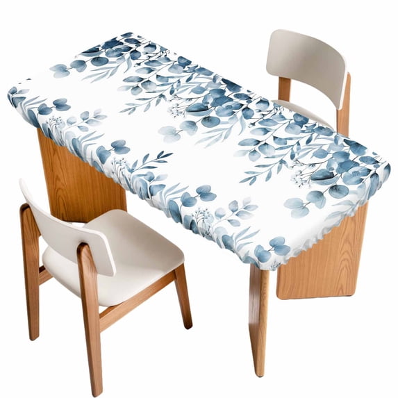 Blue Green Eucalyptus Leaves Table Cloths for 5 Foot Rectangle Tables, Spring Summer Botanical Patio Waterproof Elastic Fitted Tablecloths, Washable Rectangular Table Cover for Camping