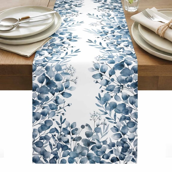 Blue Green Eucalyptus Leaves Table Runner - 70 Inch Long, Kitchen Dining Table Runner Dresser Scarves, Spring Summer Botanical Farmhouse Decor for Coffee Tables Wedding Party Banquet