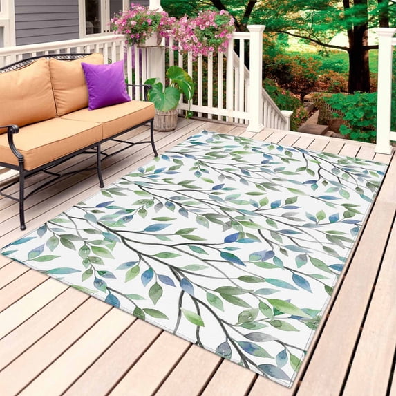 Blue Green Eucalyptus Outdoor Rug 3x5 Ft, Non Slip Washable Area Rug, Spring Botanical Leaves Weeping Patio Rugs Carpet Runner, Large Floor Mat for Indoor/Outdoor Deck Porch Camping