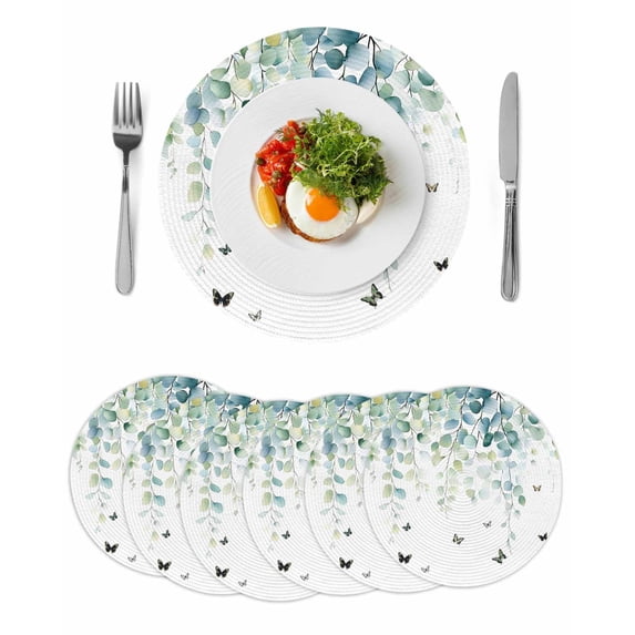 Blue Green Eucalyptus Round 13 Inch Placemats Set of 6, Sage Gradient Leaves Butterfly HeatResistant Non Slip Place Mats for Dining Table, Wipeable Braided Kitchen Table Mats for Housewarming