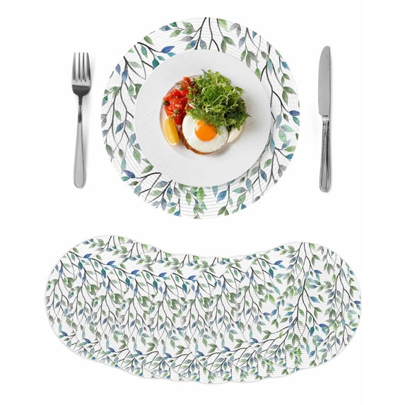 Blue Green Eucalyptus Round 13 Inch Placemats Set of 8, Spring Botanical Leaves Weeping HeatResistant Non Slip Place Mats for Dining Table, Wipeable Braided Kitchen Table Mats for Housewarming