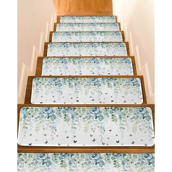 Blue Green Eucalyptus Stair Treads for Wooden Steps Indoor Runner Rug Carpet, Sage Gradient Leaves Butterfly 15 Pieces Peel and Stick Staircase Step Treads Covers Washable Throw Door Mats, 30"x8"