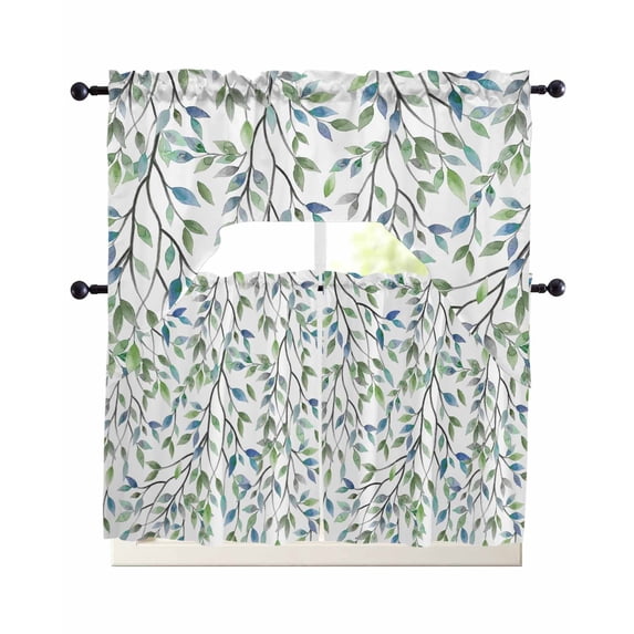 Blue Green Eucalyptus Swag Curtains for Living Room/Bedroom Windows, Spring Botanical Leaves Weeping Kitchen Curtains and Valances Set 36 Inch Length, Light Filtering Swags Valance Curtain Panels