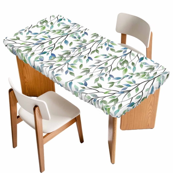 Blue Green Eucalyptus Table Cloths for 4 Foot Rectangle Tables, Spring Botanical Leaves Weeping Patio Waterproof Elastic Fitted Tablecloths, Washable Rectangular Table Cover for Camping