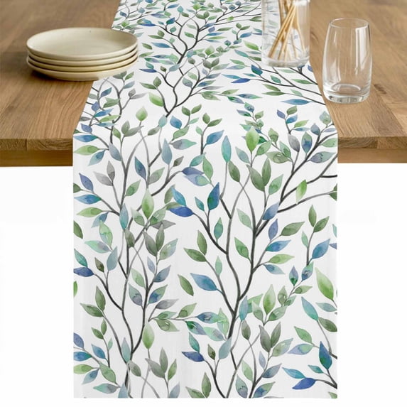 Blue Green Eucalyptus Table Runner - 60 Inch Long Spring Botanical Leaves Weeping Cotton and Linen Blended Dress Scarves Farmhouse Table Runner for Kitchen Dining, Coffee Table, 13" x 60"
