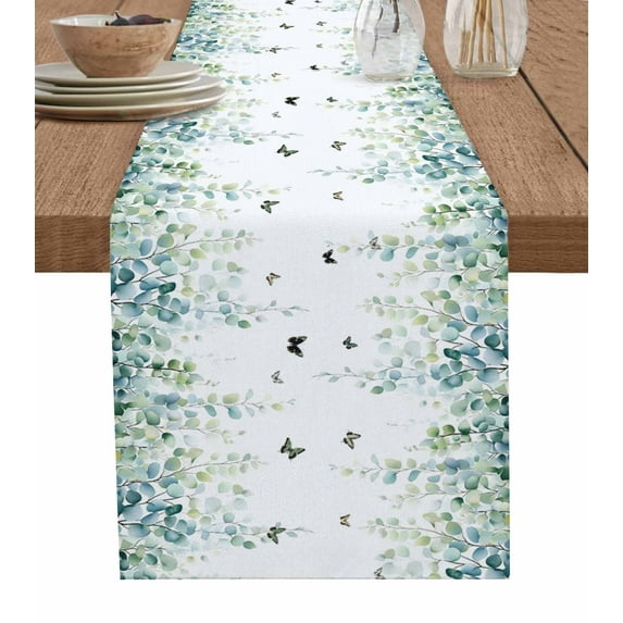 Blue Green Eucalyptus Table Runner Cotton Linen 72 Inch Holiday Dresser Scarves, Sage Gradient Leaves Butterfly Tablerunner for Kitchen Coffee Dining Bedroom Living Room Dinner Scarf Décor 13''x72''