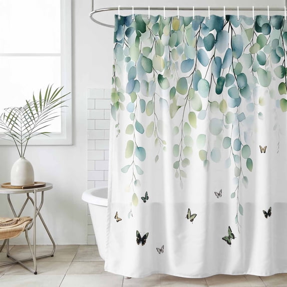 Blue Green Eucalyptus Waterproof Shower Curtain, Extra Large 72"x96" Washable Polyester Fabric Shower Curtains for Bathroom, Sage Gradient Leaves Butterfly Decorative Bathtub Curtain Sets with Hooks
