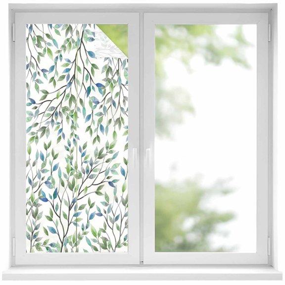Blue Green Eucalyptus Window Privacy Film, Spring Botanical Leaves Weeping Static Cling UV Sun Blocking Heat Control Window Tint Day and Night, Non-Adhesive One Way Privacy Cover 19.6''x39.3''