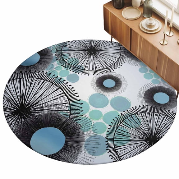 Blue Green Floral Area Rug, Boho Abstract Floral Teal Dot Wood Grain Non-Slip Felt Rubber Backing Round Indoor Carpet Washable Rugs for Living Room Bedroom 3ft