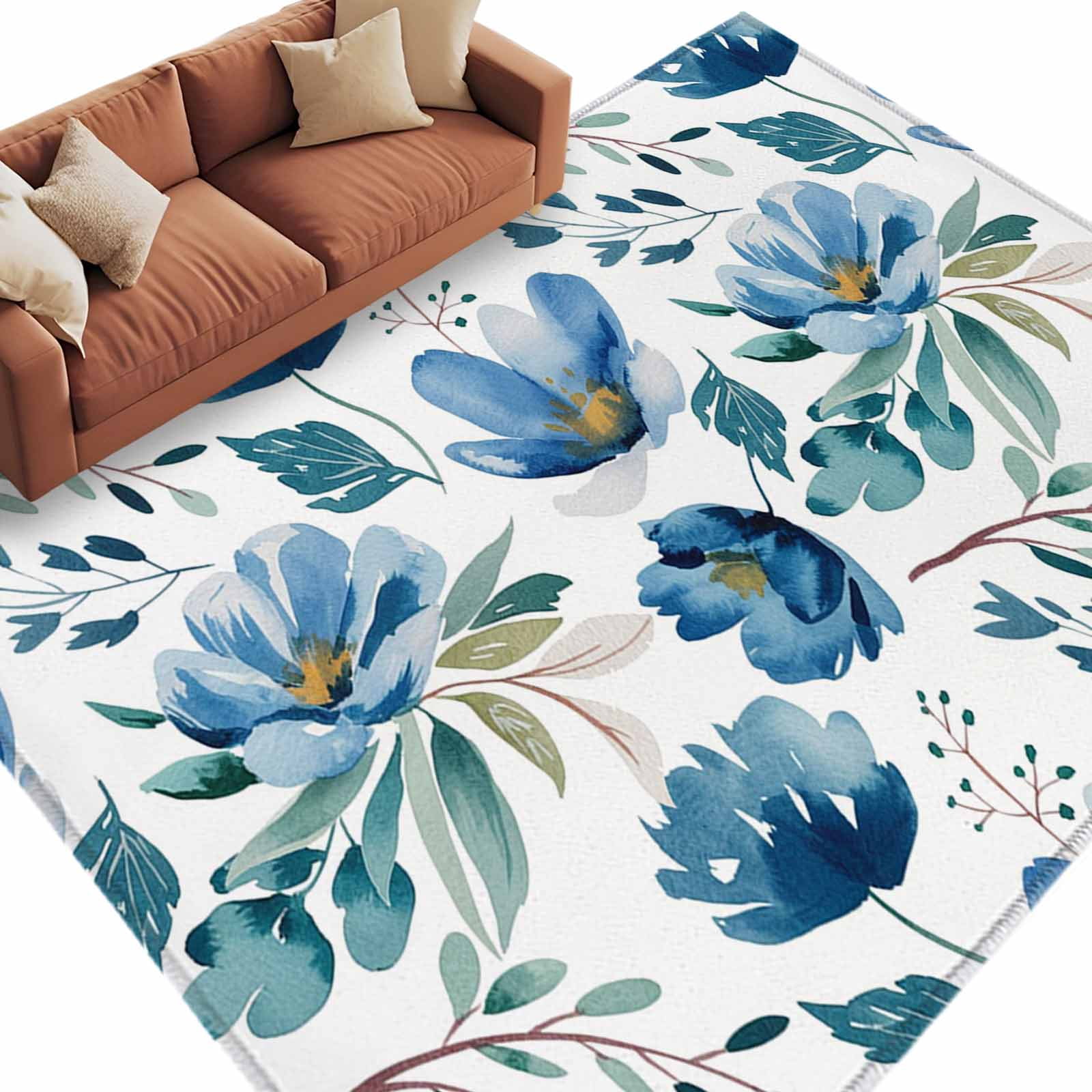 Blue Green Floral Area Rug 5x7ft Vintage Watercolor Pastoral Flower ...