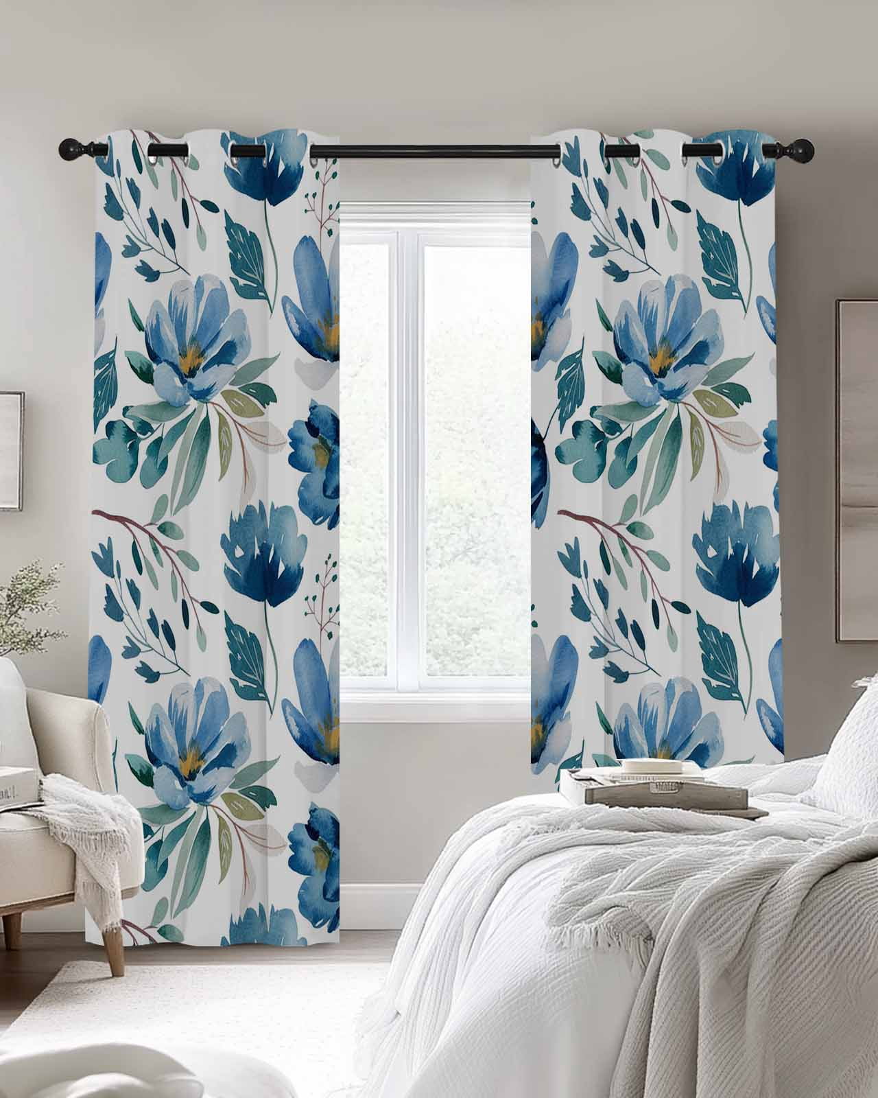 Blue Green Floral Blackout Curtains 2 Panels Vintage Watercolor