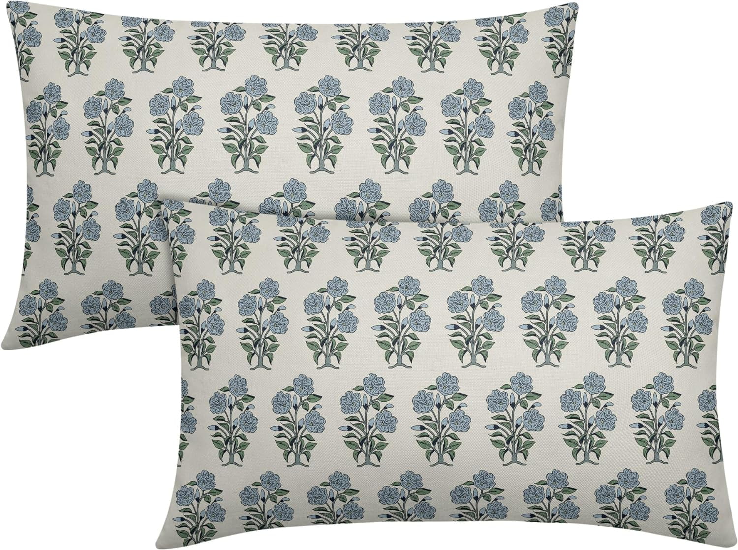 Blue Green Floral Block Print Lumbar Pillow Covers 12x20 Set of 2 Chinoiserie Flower Leaves Outdoor Decorative Throw Pillows Farmhouse Pillowcases Rectangle Cushion Case Decor for Home Sofa Couch Bed