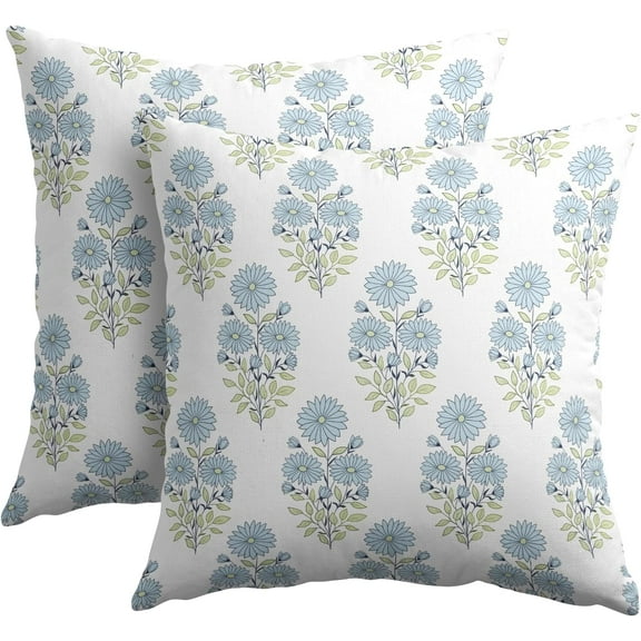 Blue and Green Floral Block Print Pillow Covers 16x16 Inch Modern Neutral Outdoor Decorative Throw Pillow Covers Set of 2 Boho Rustic Pillowcases Cushion Covers for Couch