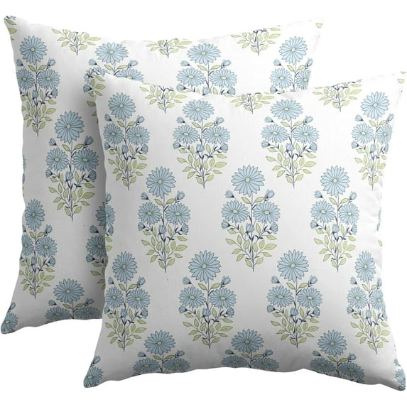Blue and Green Floral Block Print Pillow Covers 18x18 Inch Modern Neutral Outdoor Decorative Throw Pillow Covers Set of 2 Boho Rustic Pillowcases Cushion Covers for Couch