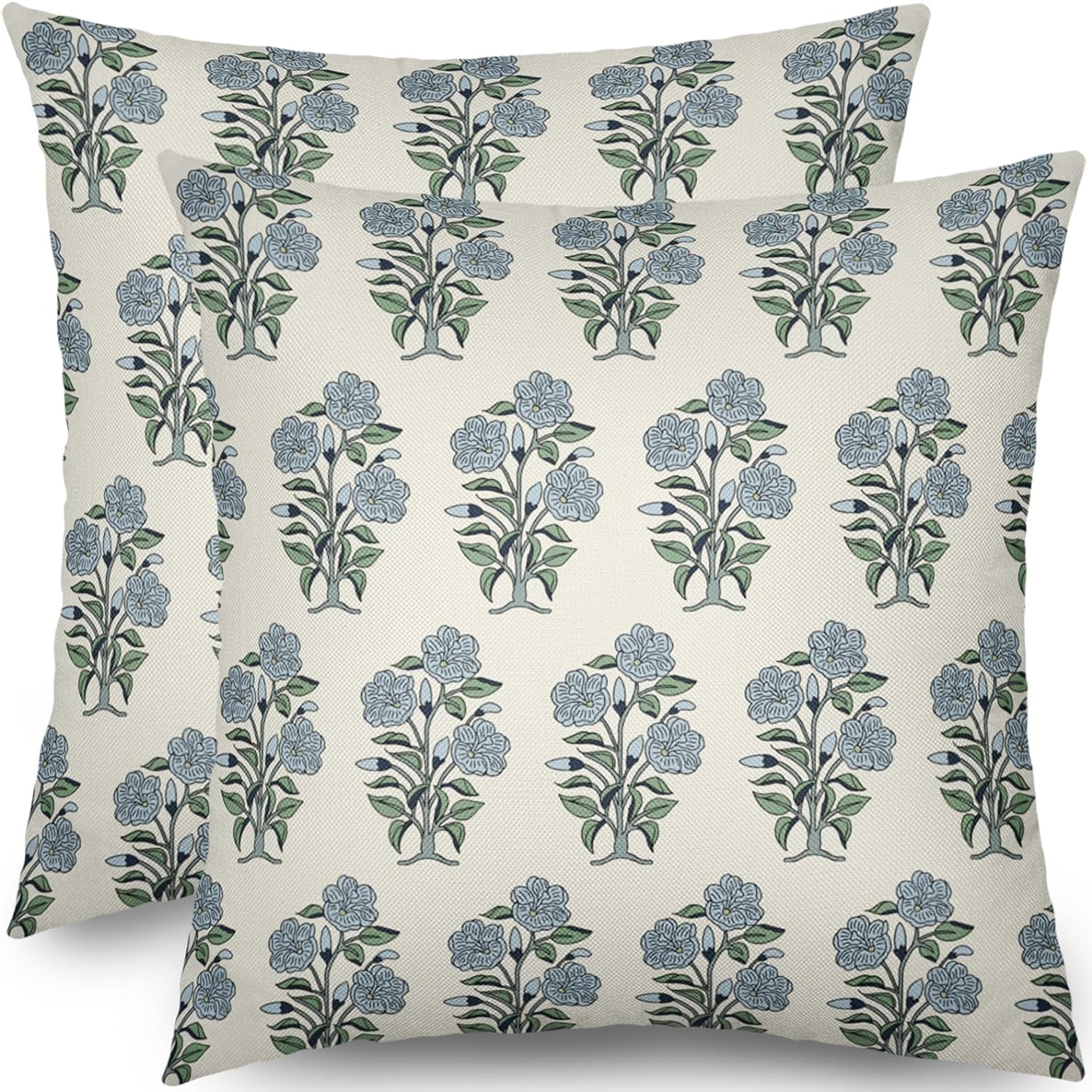Blue Green Floral Block Print Pillow Covers 18x18 Set of 2 Chinoiserie Flower Leaves Outdoor Decorative Throw Pillows Farmhouse Pillowcases Linen Cushion Case Decor for Home Sofa Couch Bed