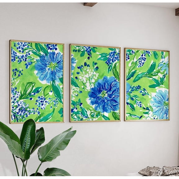 Blue Green Floral Botanical Flower Triptych Art Set 3 Unframed Paper Print 8x12