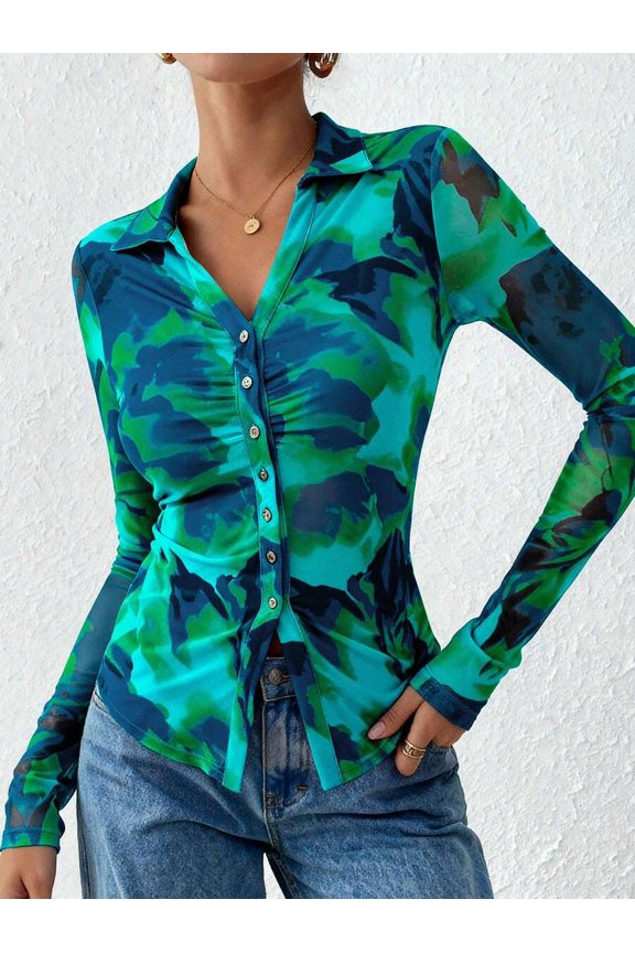 Blue-Green Floral Button-Down Blouse Ruched V-Neck Long Sleeve Mesh Top