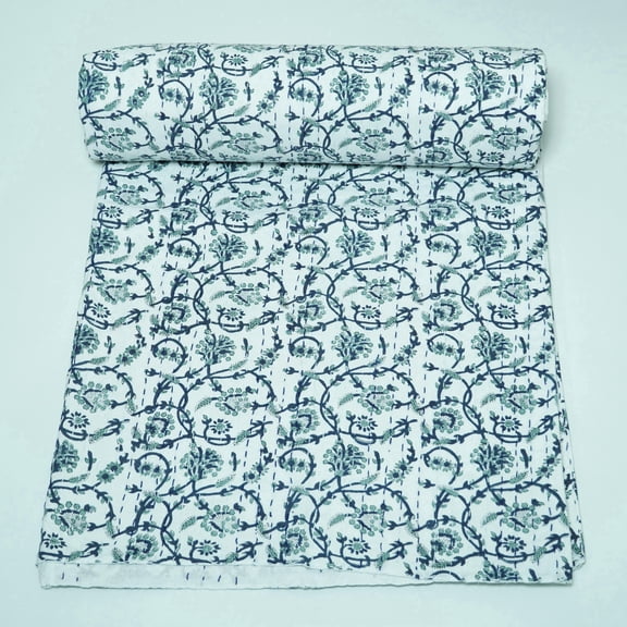 Blue Green Floral Indian Kantha Quilt Handmade Cotton Bedspread | Vine Block Print Lightweight Blanket