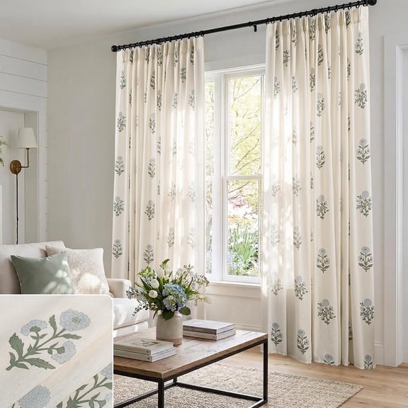 Blue Green Floral Linen Curtains, 84 Inch Country Cottage Core Light Filtering Pinch Pleated Drapes, Block Print Sheer Panel for Living Room Bedroom Sliding Glass Door