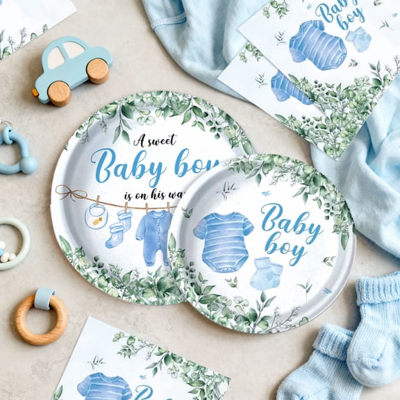 Blue & Green Floral Little Outfits Print Disposable Tableware Set - Welcome New Arrival Celebration Party Supplies
