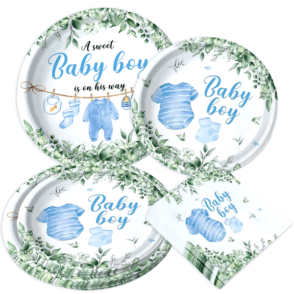 Blue & Green Floral Little Outfits Print Disposable Tableware Set - Welcome New Arrival Celebration Party Supplies