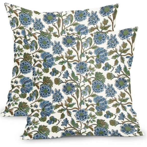 Blue Green Floral Pillow Covers 18x18 Inch Set of 2 Vintage Flower Botanical Tapestry Pattern Outdoor Throw Pillows Boho Block Print Pillowcases for Bed Couch Home Decor