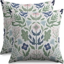 Blue Green Floral Pillow Covers 18x18 Set of 2 Spring Summer Navy Pink Flower Sage Leaves Block Print Decorative Throw Pillow Cases Outdoor Farmhouse Decoration for Sofa Couch Bed
