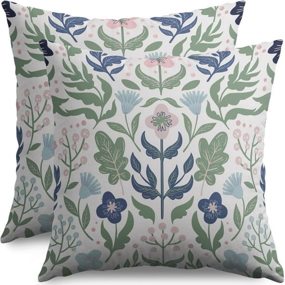 Blue Green Floral Pillow Covers 18x18 Set of 2 Spring Summer Navy Pink Flower Sage Leaves Block Print Decorative Throw Pillow Cases Outdoor Farmhouse Decoration for Sofa Couch Bed