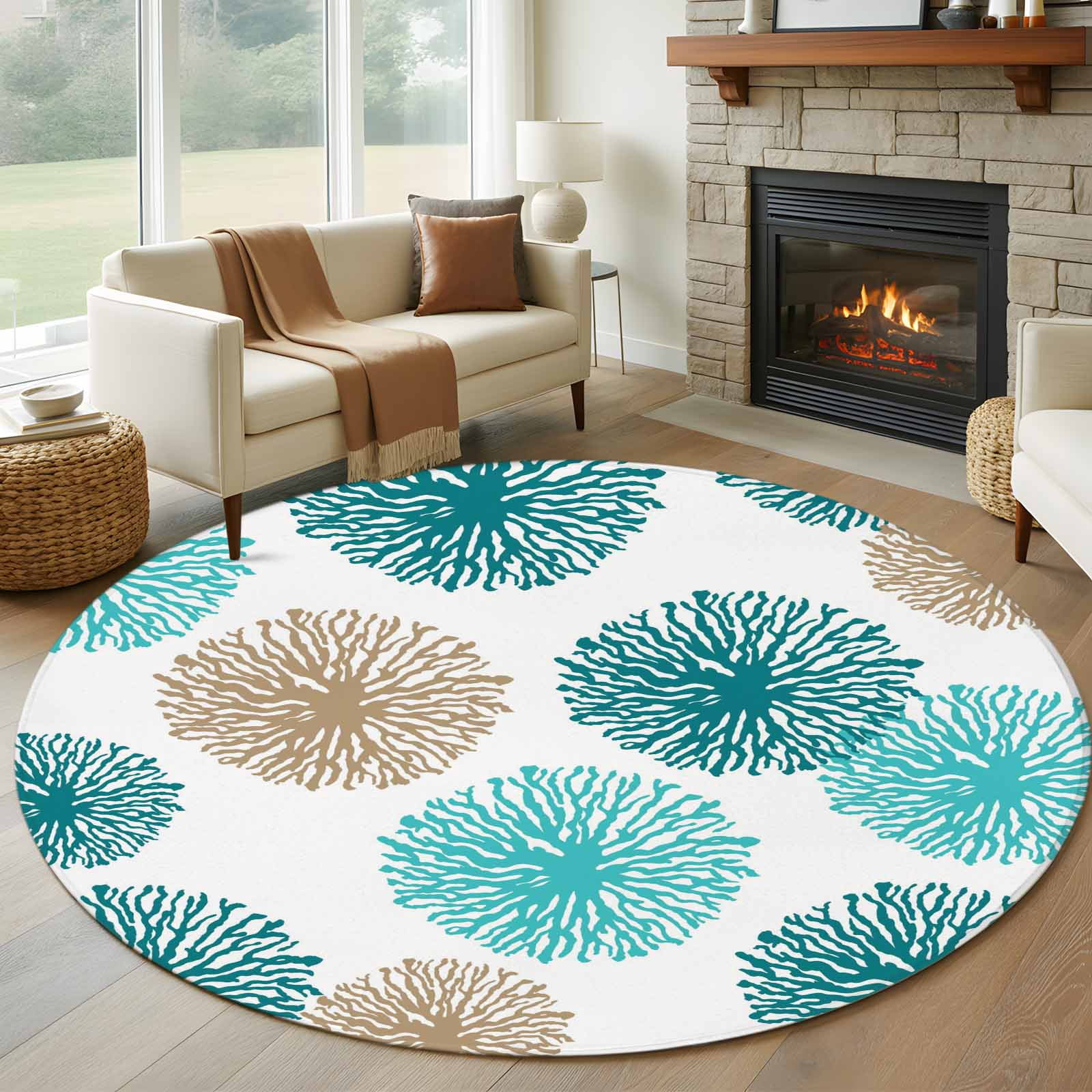 Blue Green Floral Round Rugs for Living Room 5ft Modern Blue Green ...