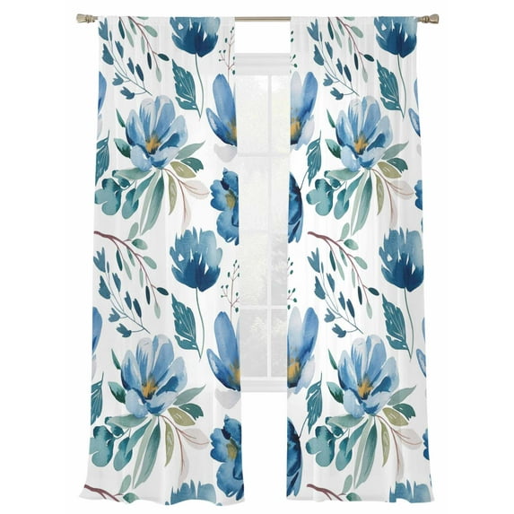 Blue Green Floral Sheer Curtains 84 inches Long, Vintage Watercolor Pastoral Flower Leaf Light Filtering Sheer Window Curtains Rod Pocket Voile Drapes for Bedroom Living Room, 2 Panels 52"W x 84"L