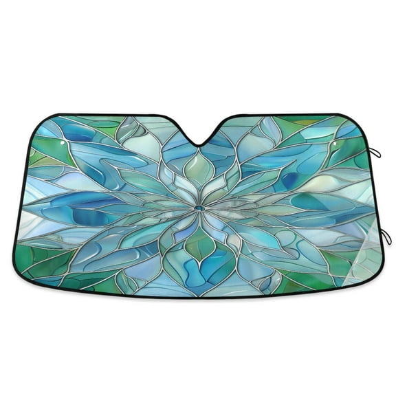 Blue Green Floral Stained Glass Car Windshield Sun Shade Foldable Car Front Window Visor Heat and UV Protection 53x23.5