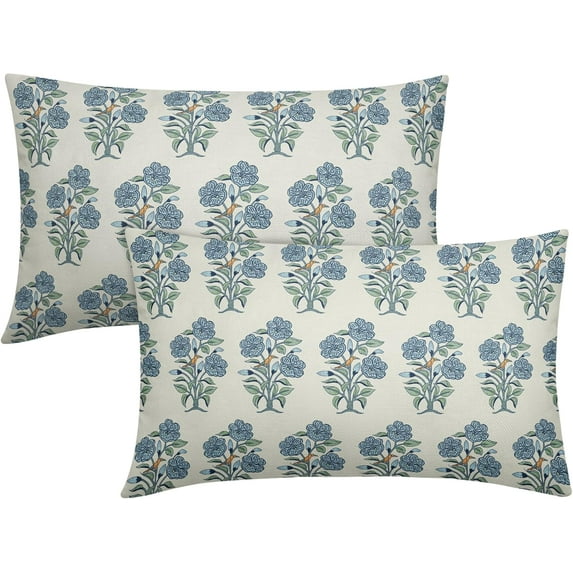 Blue Green Floral Throw Pillow Covers 12x20 Chinoiserie Flowers Leaves Birds Decorative Lumbar Pillows Outdoor Linen Farmhouse Cushion Case Pillowcase for Sofa Bed Room Decor Set of 2