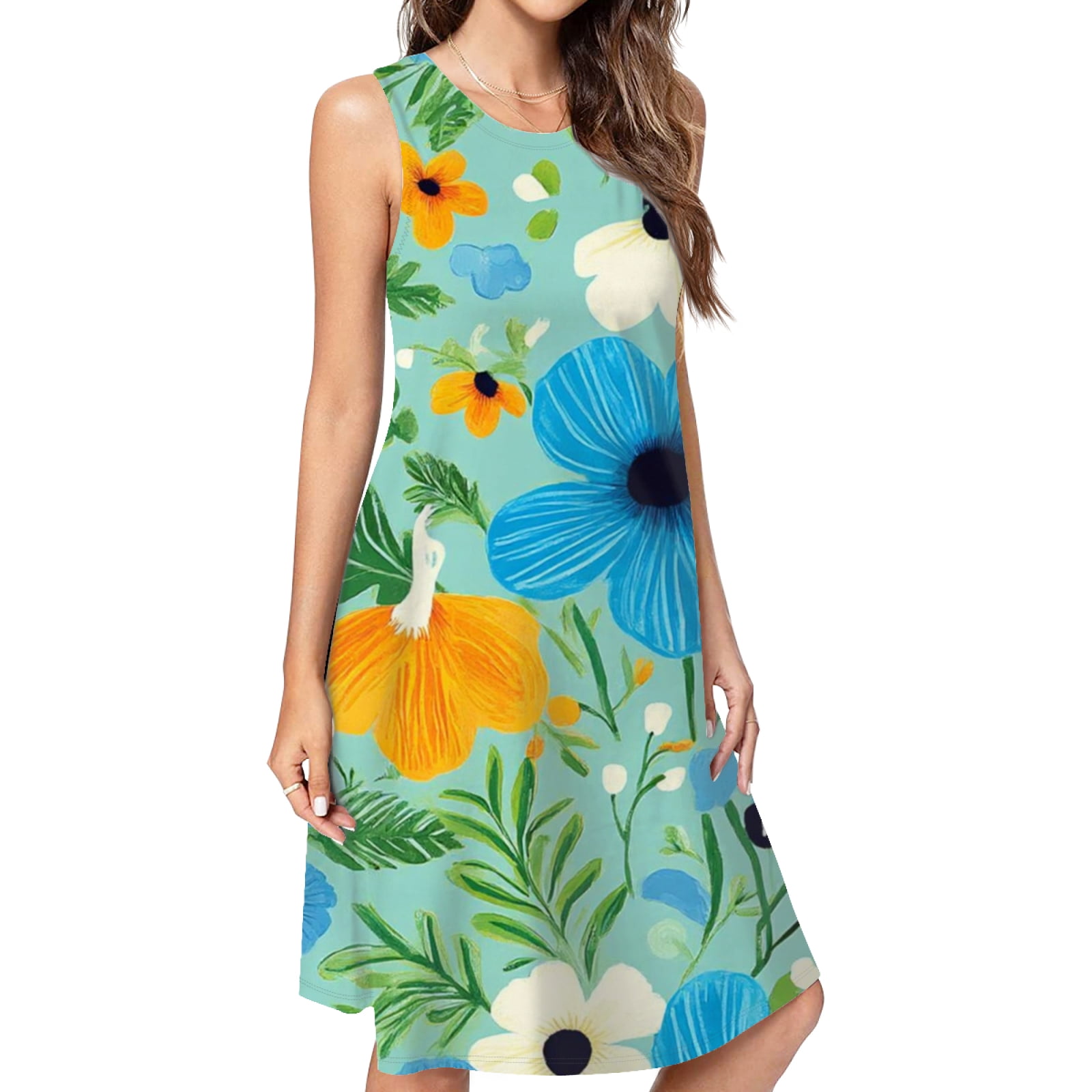 blue-green floral block printed women's summer long dress