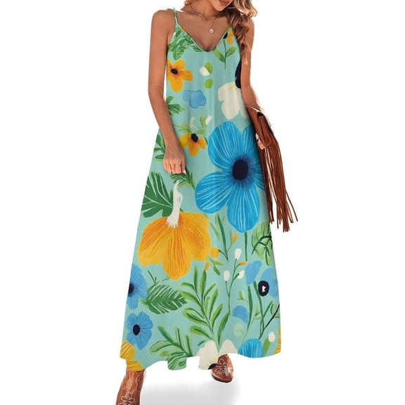 Blue Green Floral Vibrant Summer Print Sleeveless Dress Women's Evening Dress Womans Clothing